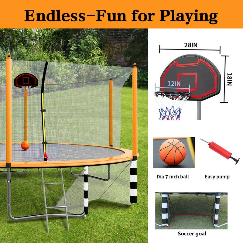 16FT Trampoline with Basketball Hoop, Pump, Ladder, Soccer Goal & Inner Safety Enclosure - Orange