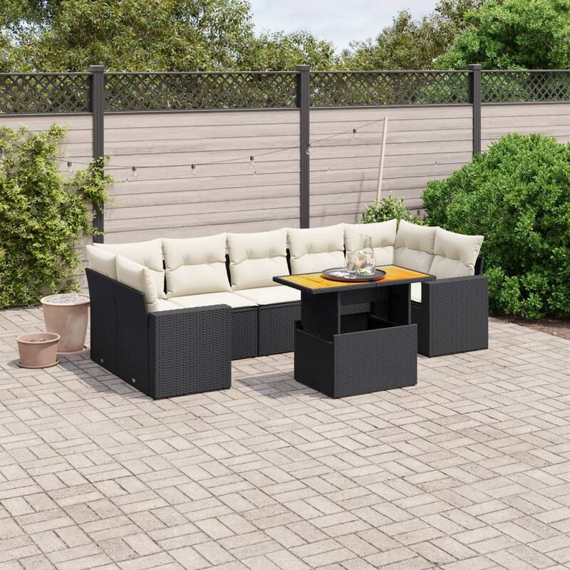 vidaXL Patio Sofa Set with Cushions Modular Outdoor Seating 8 Piece Poly Rattan - 21.7 x 39.4 x 28.7 - Black