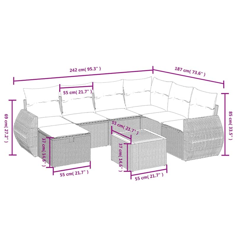 vidaXL Patio Sofa Set with Cushions Outdoor Furniture 8 Piece Poly Rattan - 24.4" x 24.4" x 27.2"