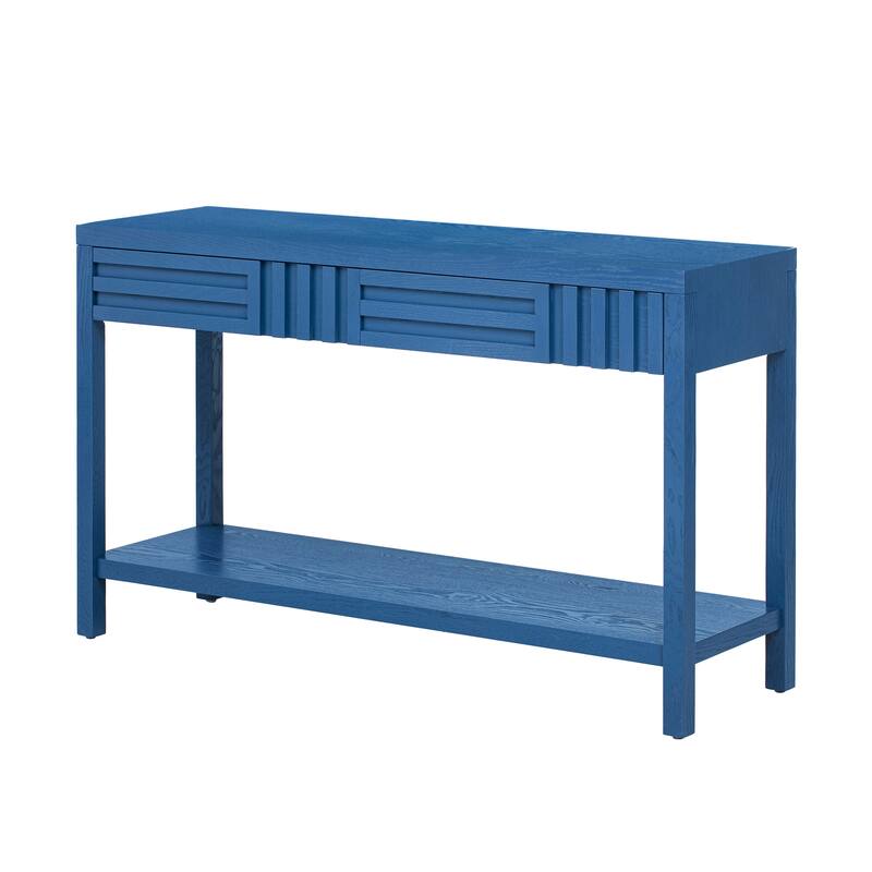 Living Room Wood Entryway Console Table with Striped Design, 51.3" Narrow Long Sofa Table with 2 Drawers and Open Storage Shelf