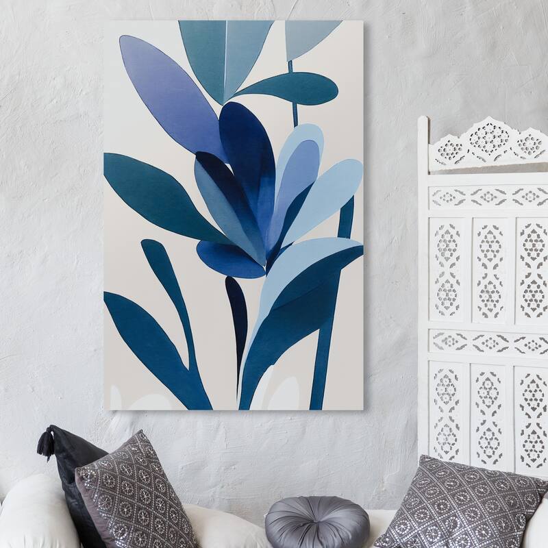 Wynwood Studio Abstract Plant Elegance Blue and Modern & Contemporary Wall Art Canvas Print - 45 x 30