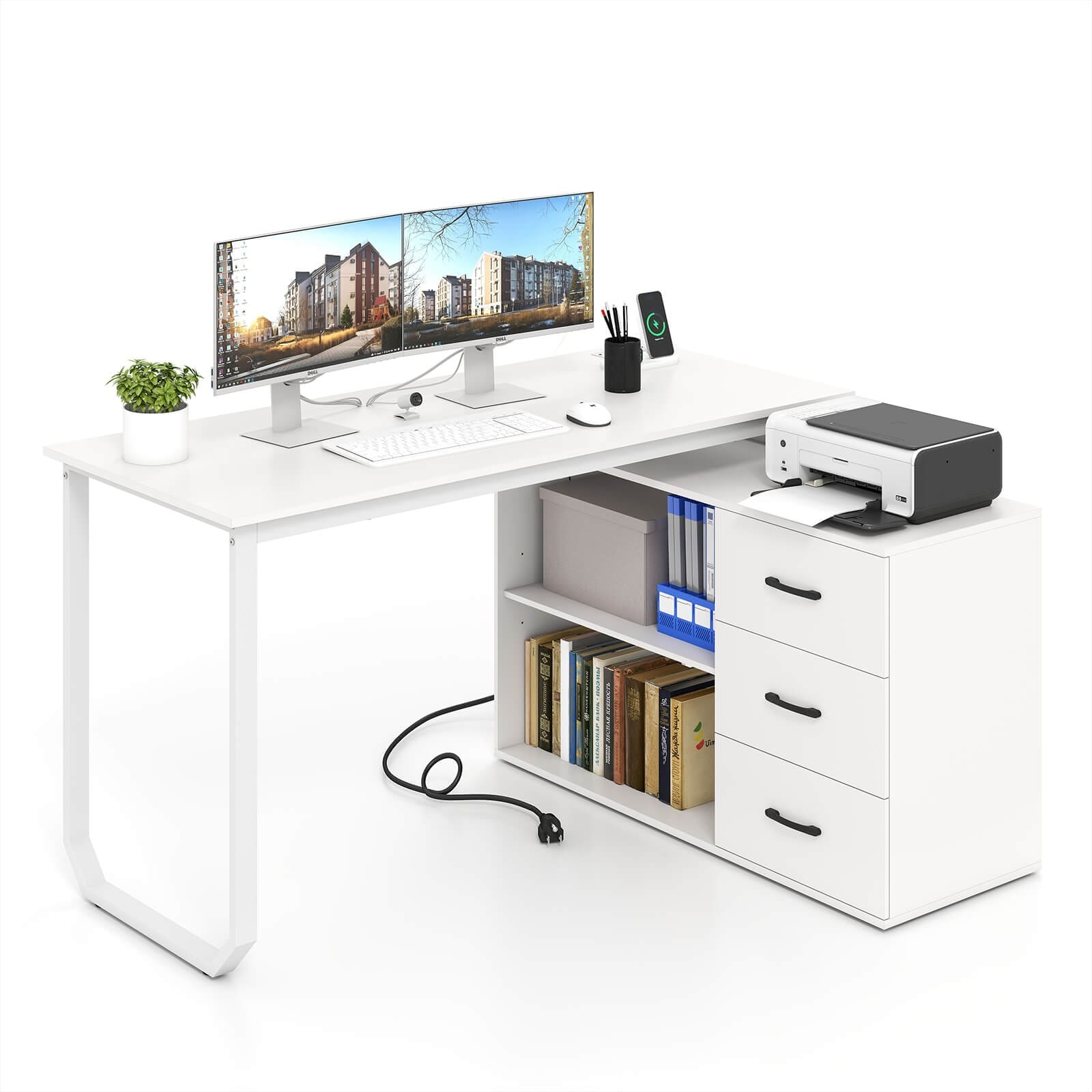 Costway L-Shaped Desk with Power Outlet 55" Reversible Computer Desk
