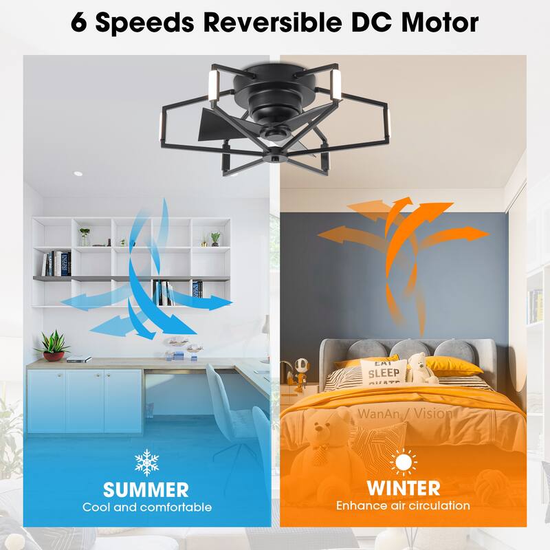 21" Modern Black Unique Low Profile Caged Ceiling Fan with Light and Remote