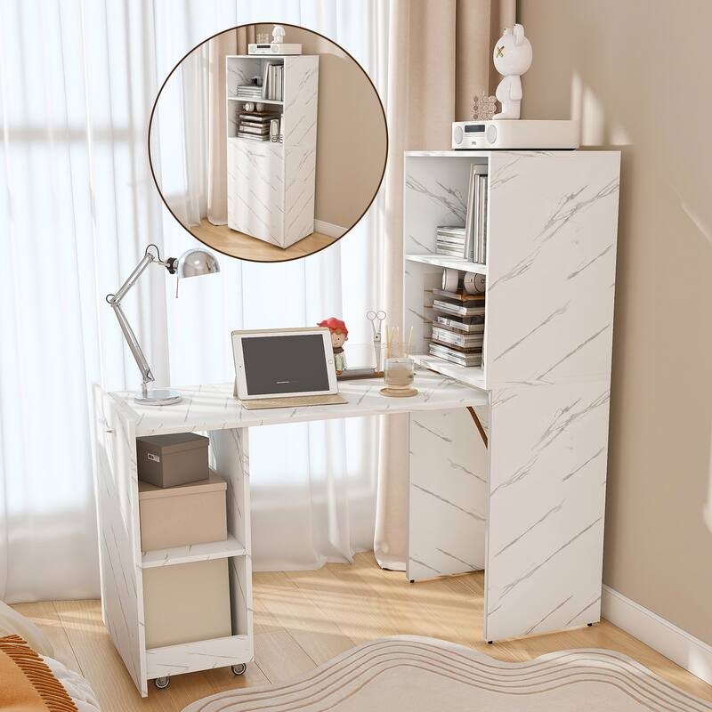 Stretchable desk, office desk with storage shelves and mobile wheels, suitable for small apartments and offices - White Marble