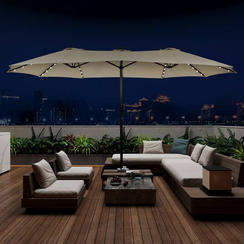 Autlaycil 15ft Retangle Patio Umbrella with Solar Lights & Base - Khaki