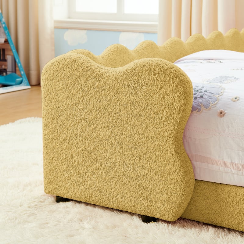 Twin Dinosaur-Shaped Kids Bed with Safety Guardrail - Solid Wood Toddler Bed Frame in Boucle Fabric