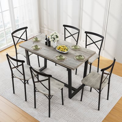 Modern 7-Piece Dining Set with Rectangular Table & 6 Cross Back Dining Chairs