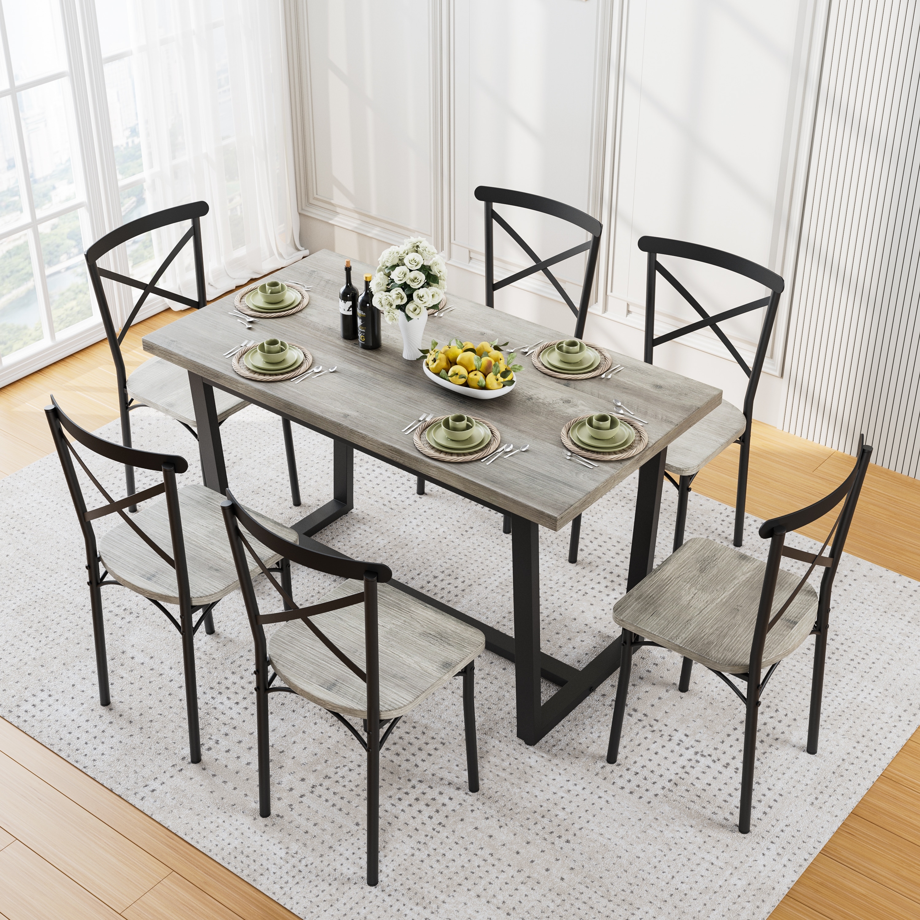 Modern 7-Piece Dining Set with Rectangular Table & 6 Cross Back Dining Chairs