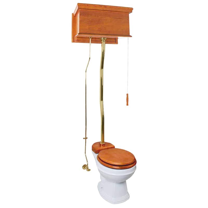 Light Mahogany Wooden High Tank Toilet Flat Tank, Brass PVD Z Pipe and Round White Bowl