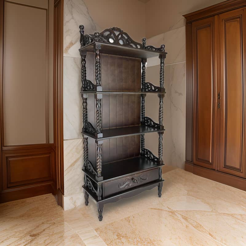 Wooden Bookcase Shelf with Carved Details and Filigree Accents, Brown