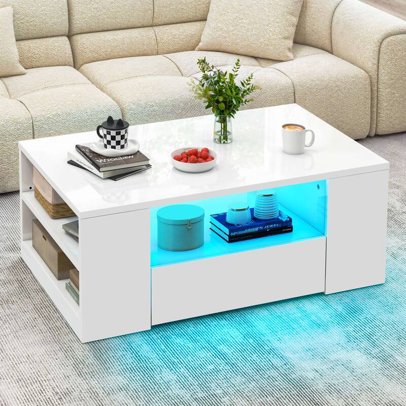 Moasis LED High Gloss Coffee Table with Open Side Shelf, Cocktail Table Center Table with 2 Drawers