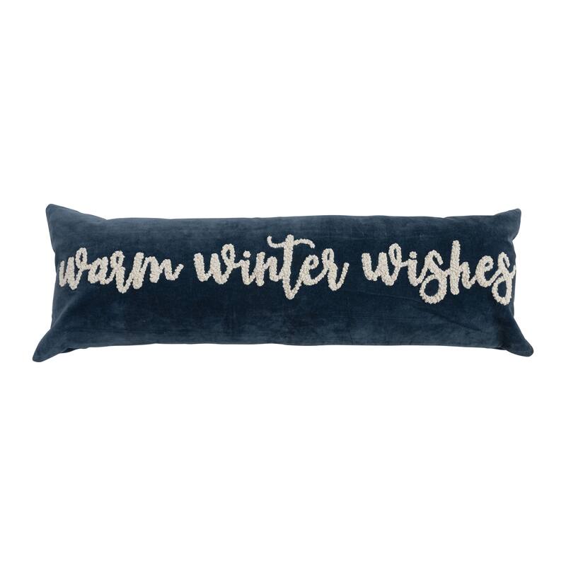 Woven Cotton Velvet Lumbar Pillow with Embroidered "Warm Winter Wishes" - Navy;Cream