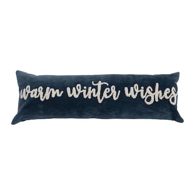 Woven Cotton Velvet Lumbar Pillow with Embroidered "Warm Winter Wishes"
