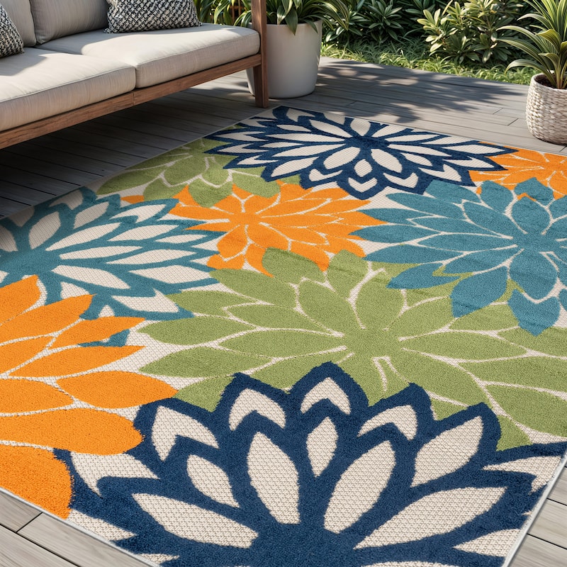 World Rug Gallery Indoor/Outdoor High-Low Textured Area Rug, Floral Easy-Clean Patio Rug