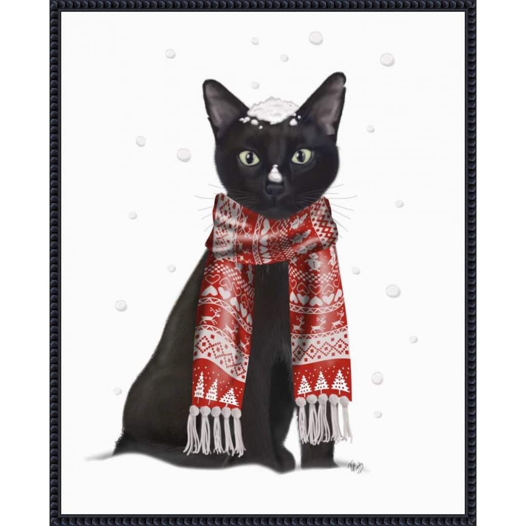 Black Cat Red Scarf by Fab Funky (23 x 28 in.), Framed Canvas Wall Art Print - Sylvie Beaded Black