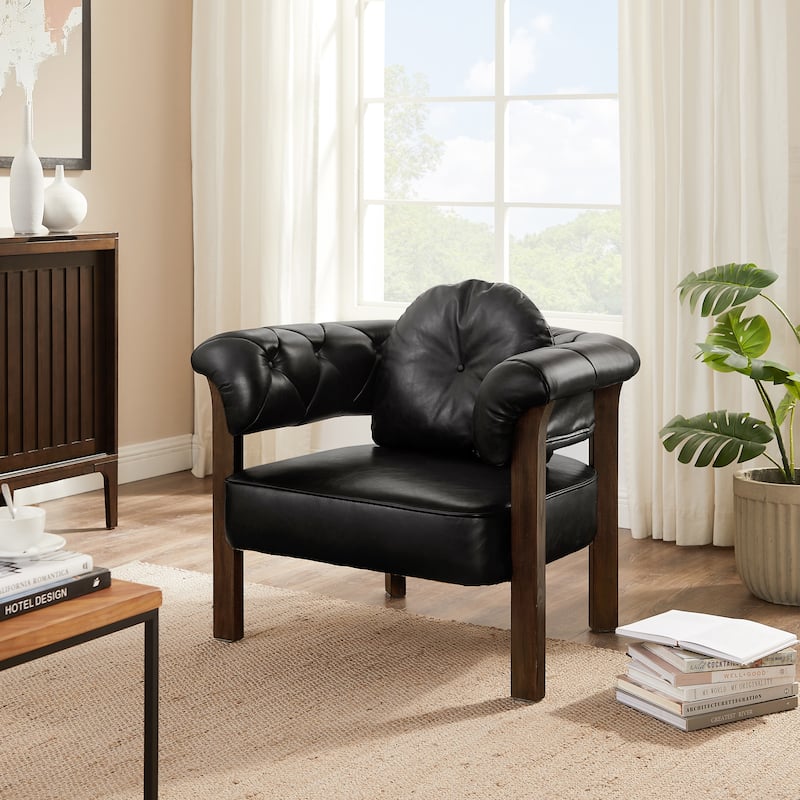Art Leon Mid-century Top Grain Leather and Wood Accent Chair - Black