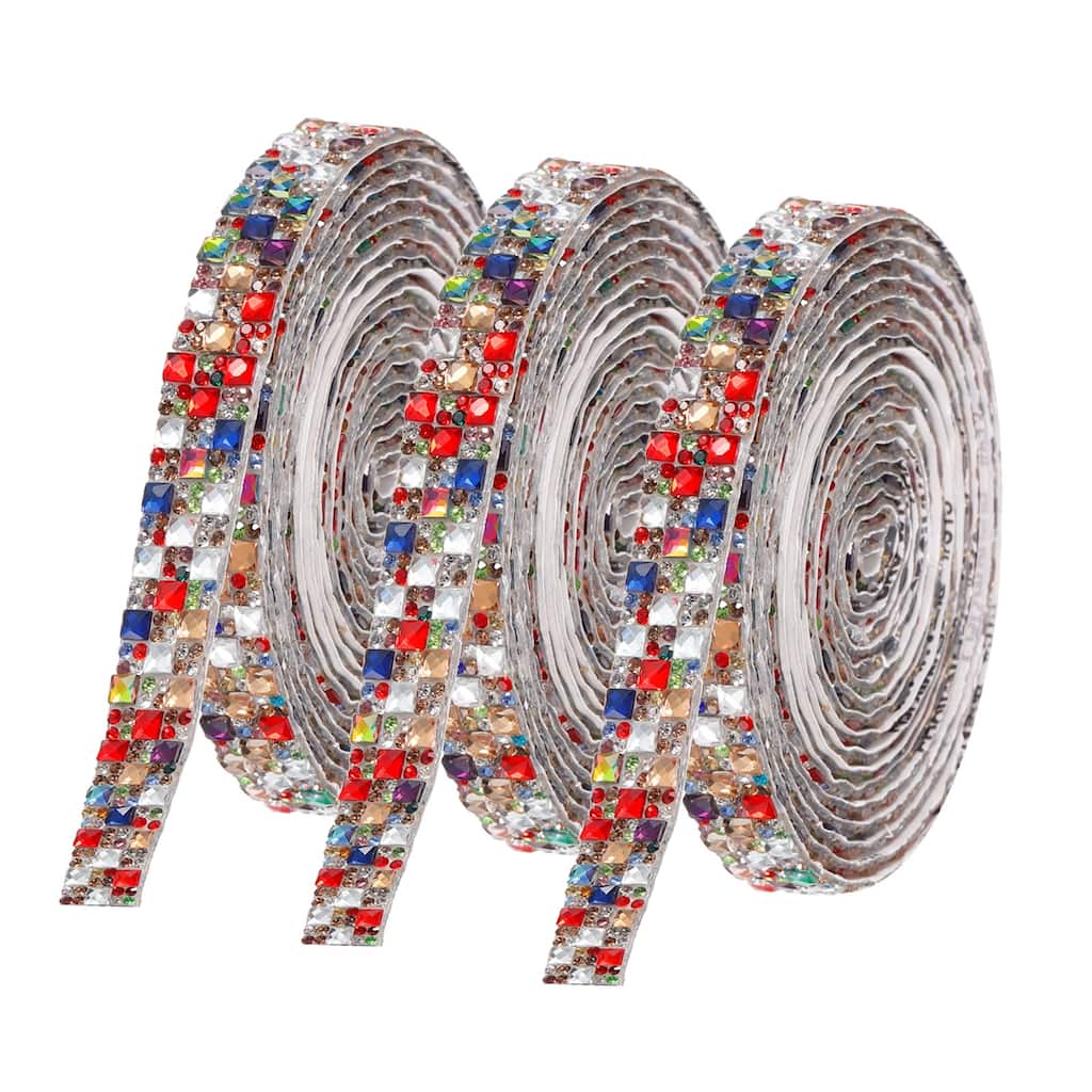 3 Pcs 3 Yards 12mm Self-Adhesive Crystal Rhinestone Ribbon Colorful