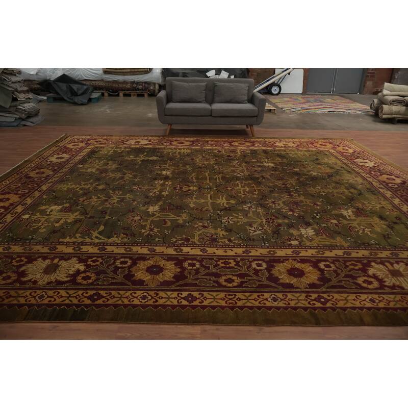 Hand Knotted Oriental 100% Wool Carpet Traditional Floral Green Agra Area Rug - 14' 10'' X 13' 1''
