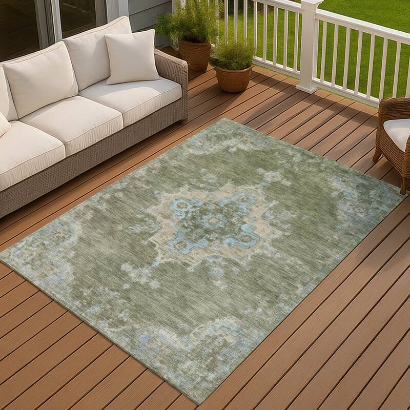 Machine Washable Indoor/ Outdoor Traditional Tabriz Chantille Rug - Basil - 9' x 12'