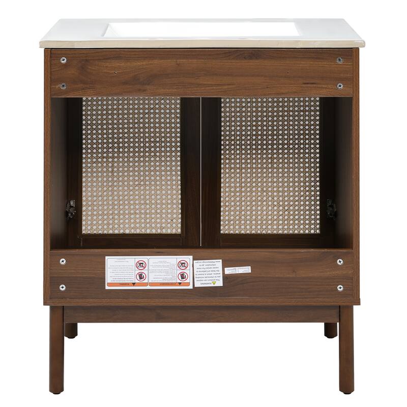 Mid-Century Modern Bathroom Vanity with Undermount Ceramic Sink, Handwoven Bamboo Doors Bathroom Cabinet, Dark Walnut - 30 Inch
