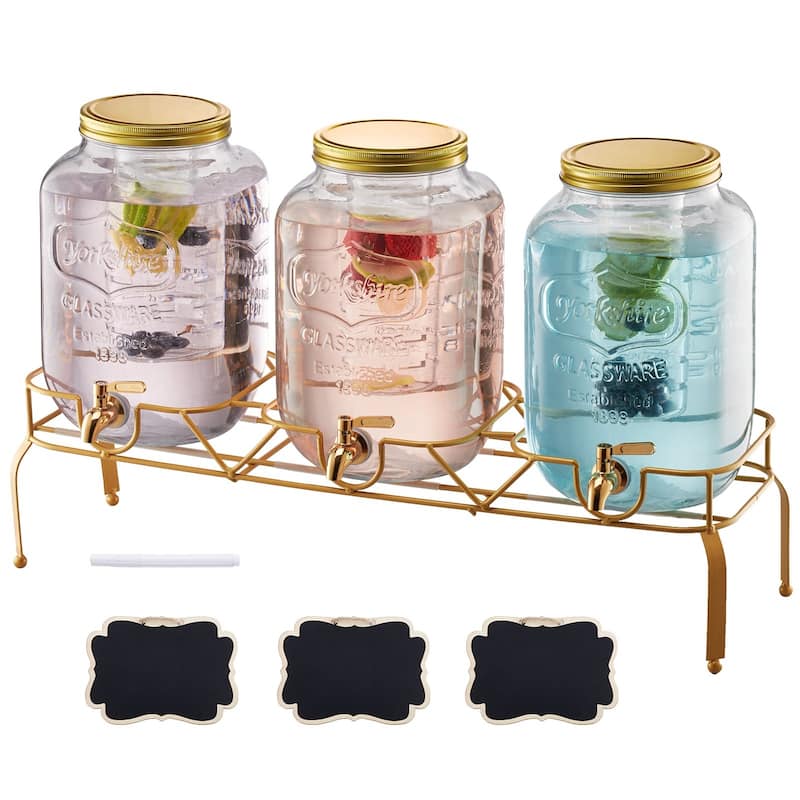 Transparent Glass Three Cylinder Beverage Dispenser 6 Gal with Metal Stand and Chalkboards - 28.35 x 8.27 x 18.11 in