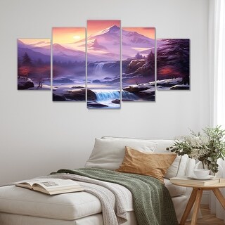 Purple Sunset Winter Mountain River Waterfall - Winter Landscape Canvas ...