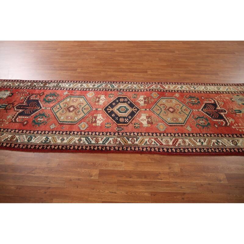 Geometric Red Heriz Persian Vintage Runner Rug Handmade Wool Carpet - 3'9"x 11'1"