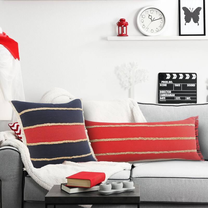 20" Navy and Red Striped Square Lumbar Pillow