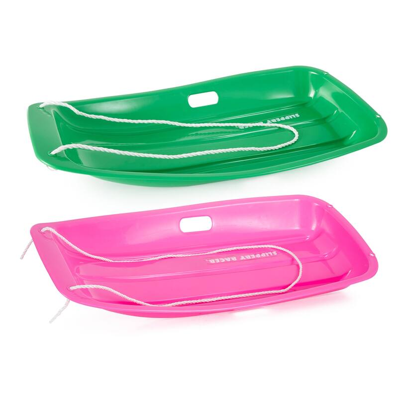 Slippery Racer Downhill Sprinter Toboggan Snow Sled 2 Pack, 1 Pink and 1 Green