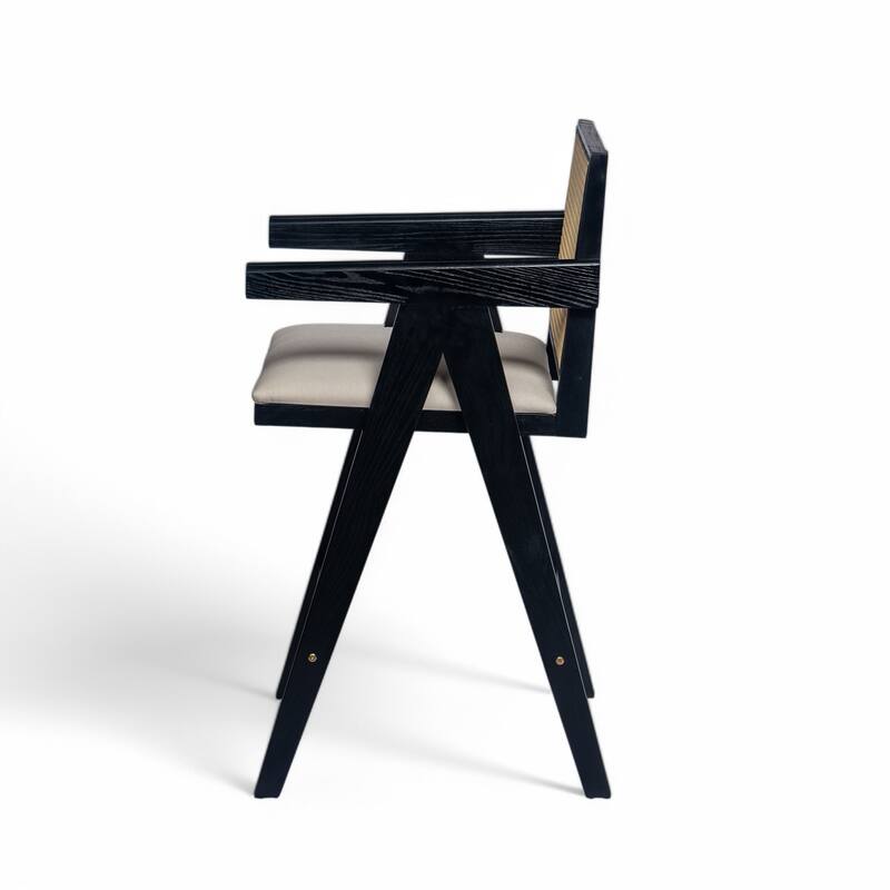 27" Height, Cream Grey Woven Cane Plastic Backrest Bar Stool - Foam-Padded Fabric Seat & Durable Rubberwood Frame