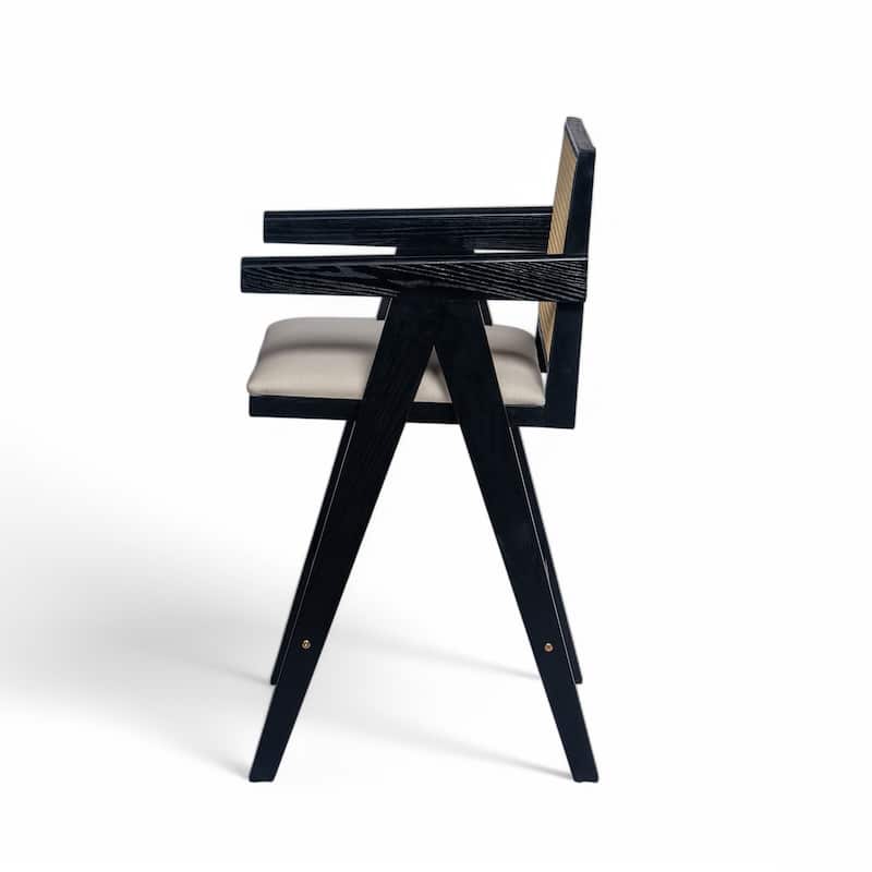 27" Height, Cream Woven Cane Plastic Backrest Bar Stool - Foam-Padded Fabric Seat & Durable Rubber wood Frame