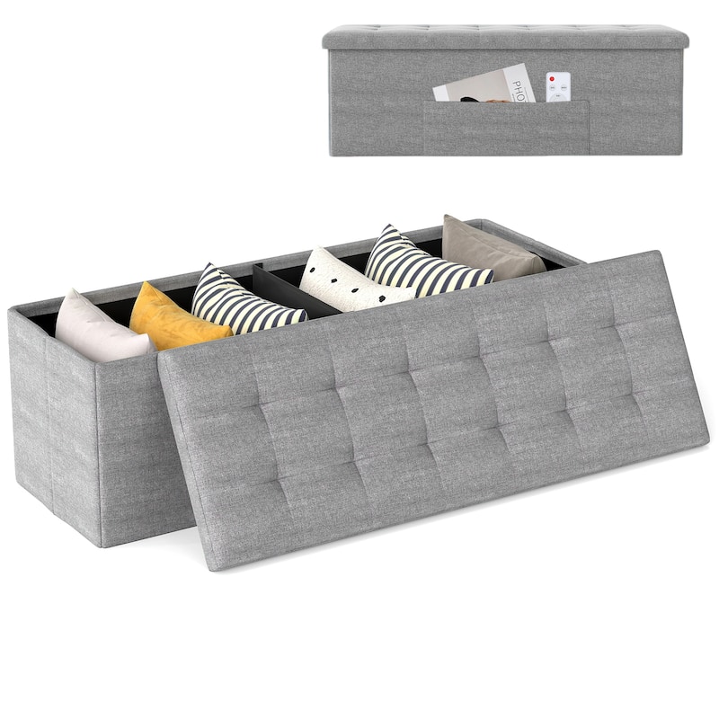 Gymax 43'' Folding Storage Ottoman Bench w/ Removable Divider & Side - Light Grey
