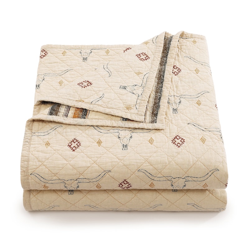 Paseo Road Maverick Longhorns Rustic Western Skull and Vintage Stripes Pattern 3 Piece Reversible Quilt with Pillow Shams