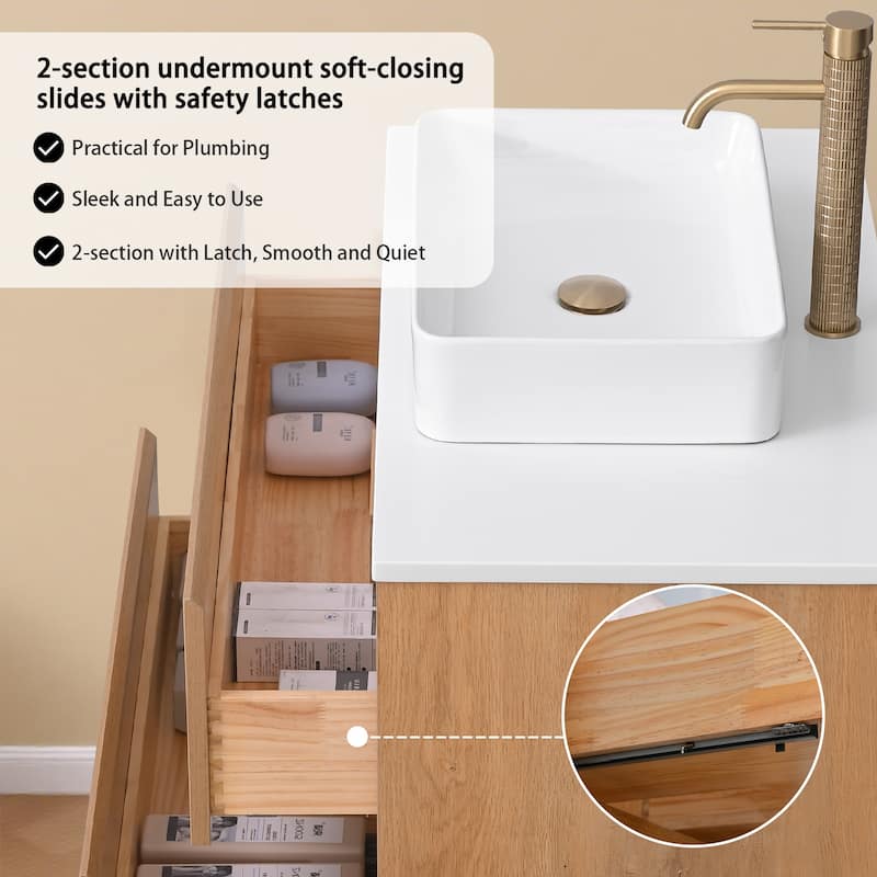 Sylphar 36 inch Toffee Oak Floating Bathroom Vanity with White Quartz Top