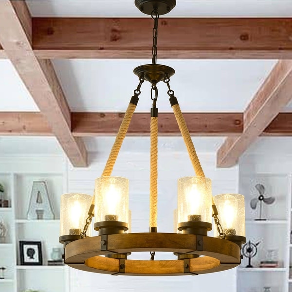 Traditional Round Chandelier for Living Room Kitchen Island Lighting Hanging Farmhouse Pendant Light Fixture with Glass Shade Brown