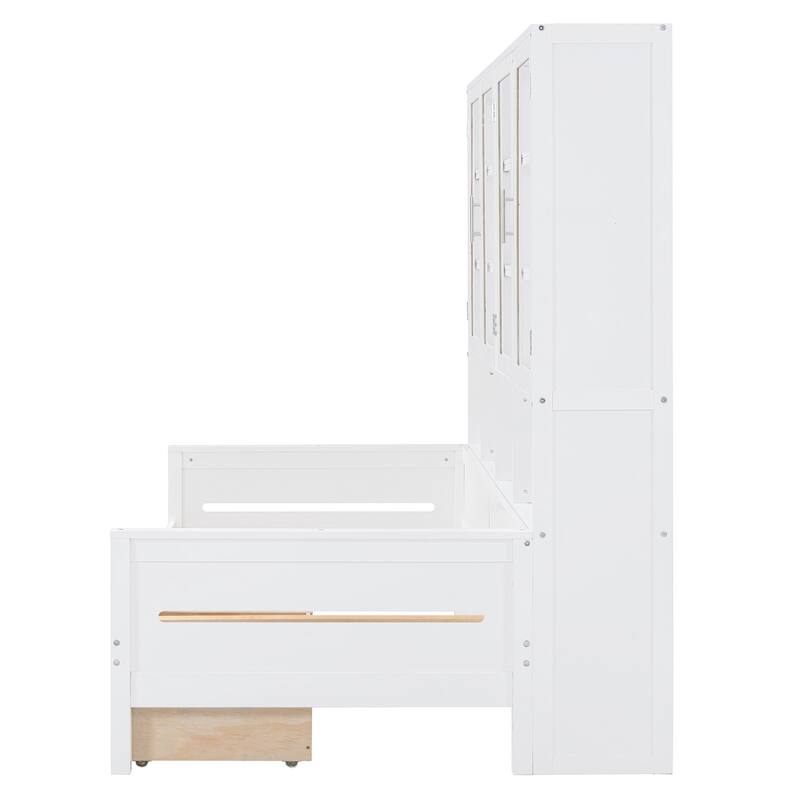 Bookcase Daybed with Storage Cabinets Wooden Captains Bed Built-in LED Lighting