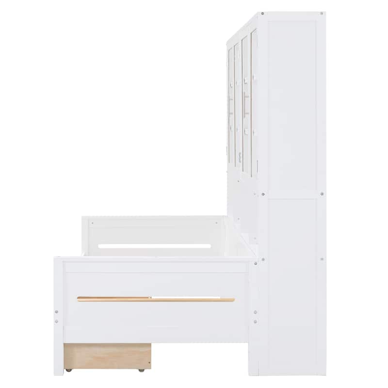 Twin Size Wooden Daybed with LED Glass-Door Cabinet & Shelves - 400LB Capacity
