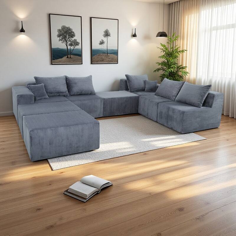 155" Corduroy 8-Piece Modular U-Shaped Sectional Sofa with Ottoman Included, Convertible Bed and No Assembly Needed - Grey