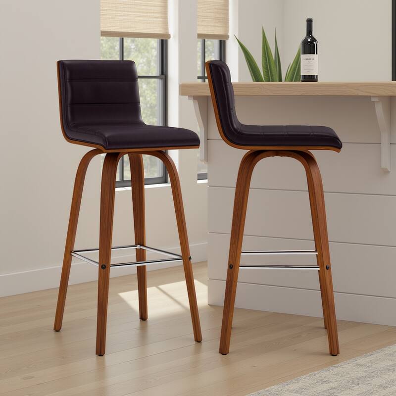Skara Swivel Bar Stool, Upholstered Bar Height Chair with Bentwood Frame - Brown & Walnut - Set of 2