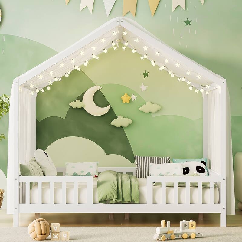 Montessori Floor Bed with Canopy, Full Bed Frame for Kids, House Shape Toddler Bed Frame with High Railings