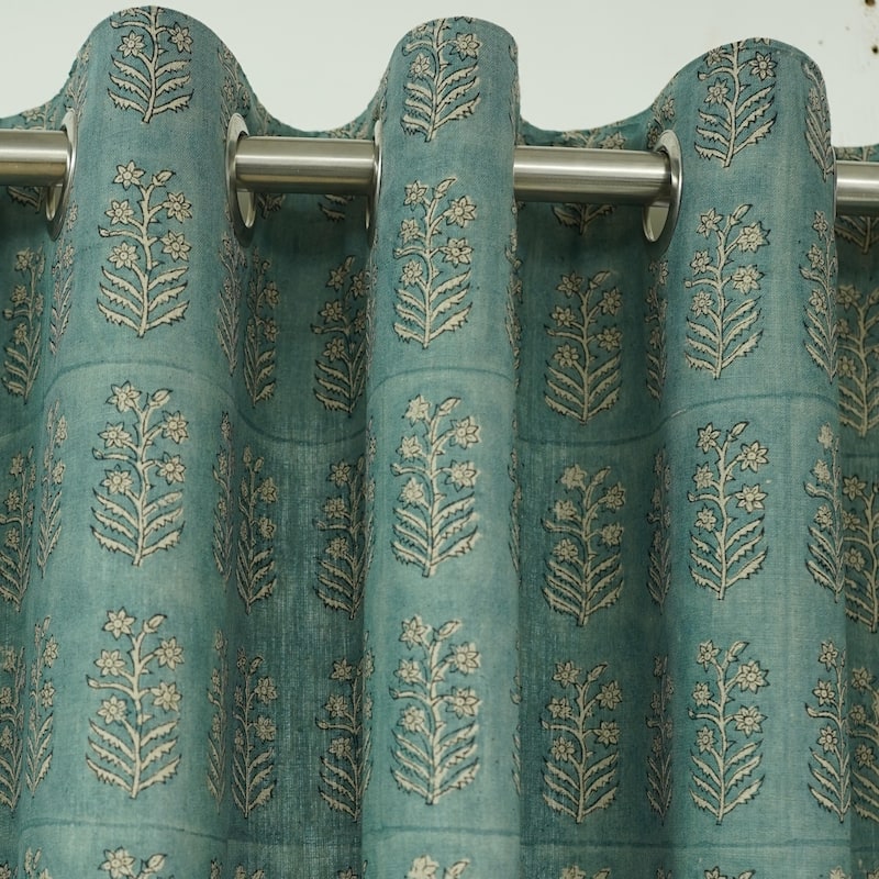 Fabdivine Handmade Soft Pure Linen Fabric Eyelet Curtain Block Print Floral Drape - 54" X 45" - Inderdhanush- Blue, Green