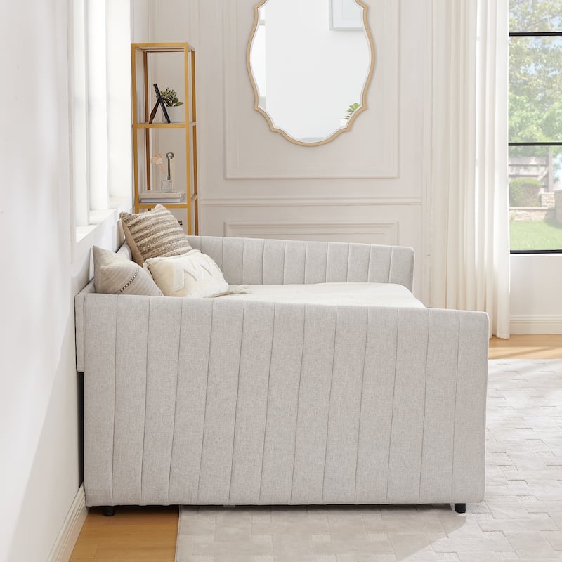 Full Size Daybed with Trundle Upholstered Sofa Bed, with Vertical Stripes, Linen Fabric, Beige (82.5"x58"x30")