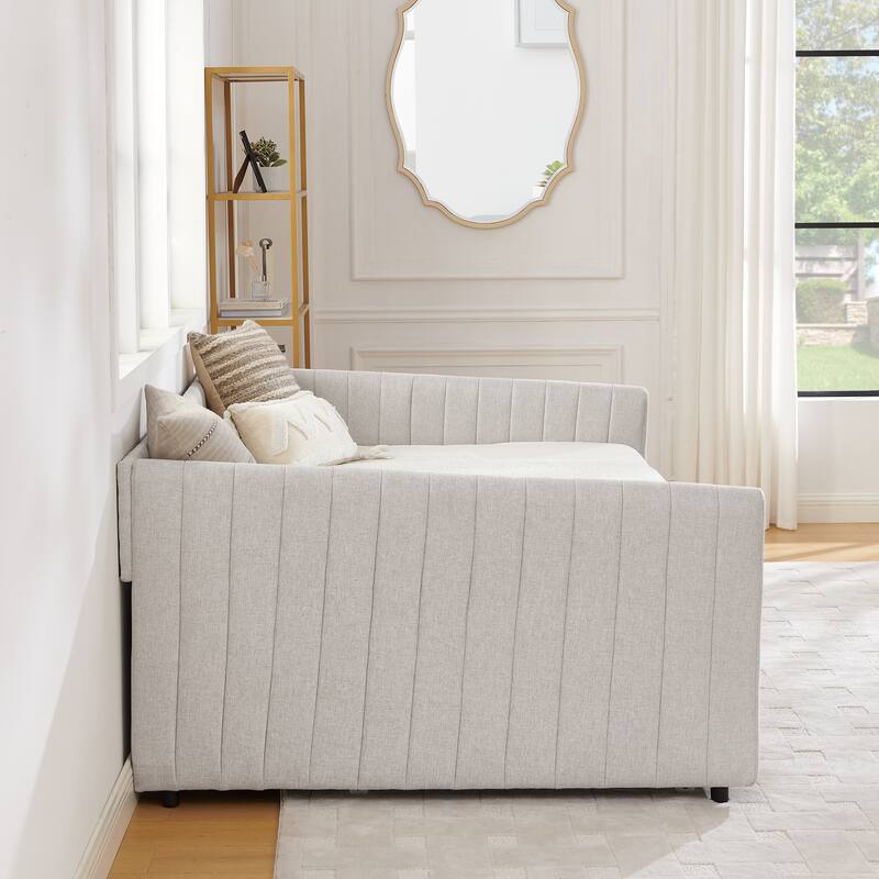 Roomfitters Twin/Full Daybed with Trundle Upholstered Sofa Bed Frame with Vertical Stripes Linen Design, Grey