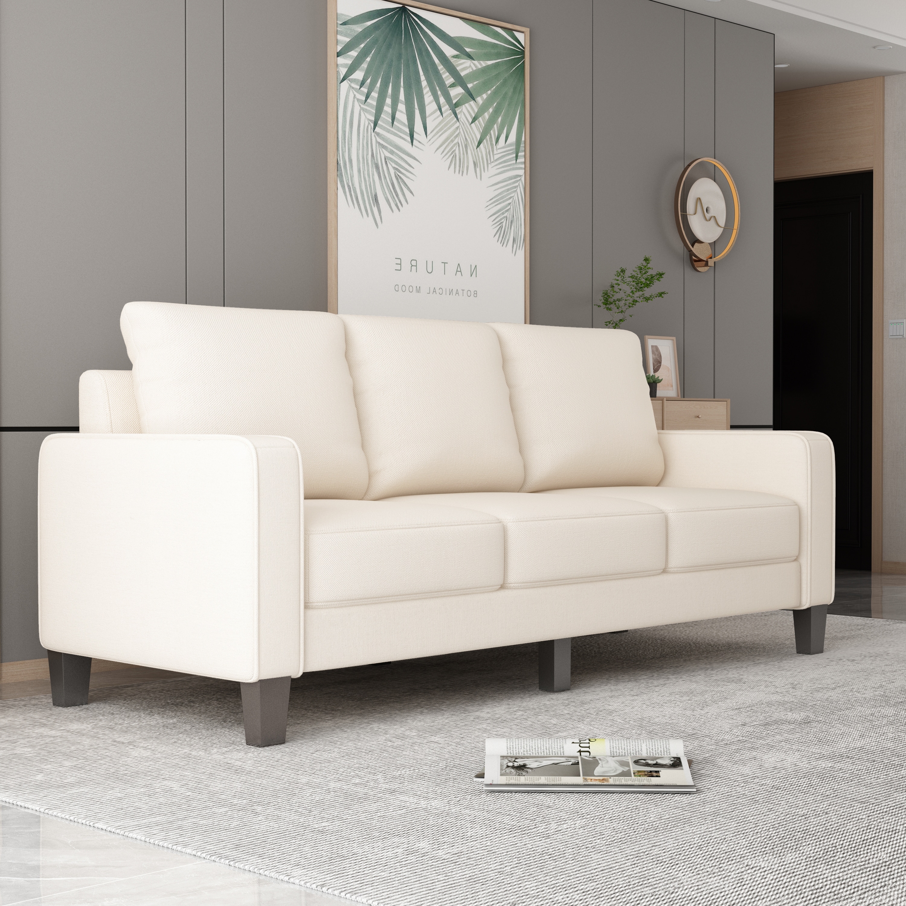 Beige Fabric Polyester Storage Sofa with Wood Legs and Metal Frame