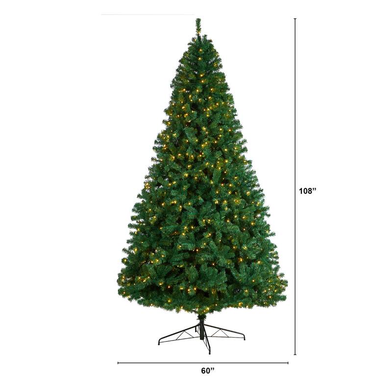 9ft. Slim Artificial Christmas Tree with 650 Clear LED Lights and 1860 Branches - Tall Elegant Holiday X-Mas Centerpiece