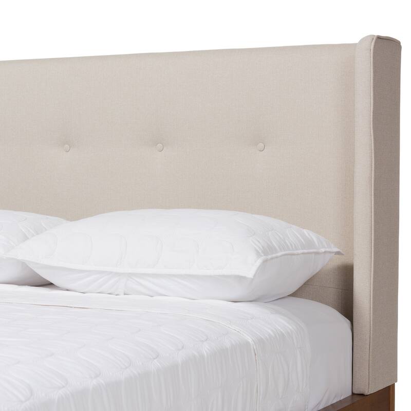 King Size Platform Bed Walnut Wood & Beige Fabric Headboard, Modern Bedroom Furniture