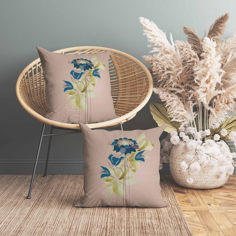 Flowers Line Art Faux Suede Reversible Throw Pillow Pink and Blue