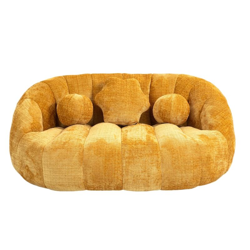 Chenille Upholstered Bean Bag Chair, Lazy Floor Sofa with Foam Filler, Fluffy Bean Bag Sofa with 3 Pillows & High Backrest