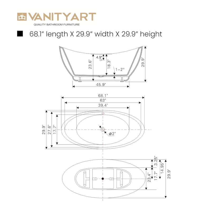 Vanity Art 68" Freestanding Acrylic Soaking Bathtub with Overflow & Pop-up Drain