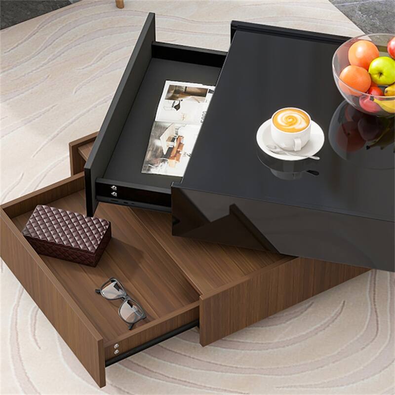 Square 360°Rotating Coffee Table with 2 Drawers, Swivel Tabletop